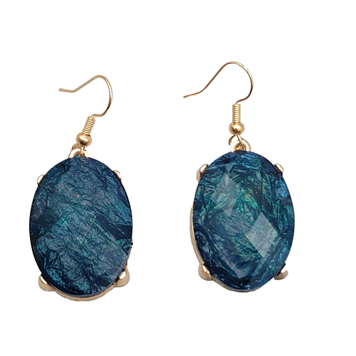 Blue Oval Faceted Swirl Resin Pierced Earrings Gold tone Dangle 1.25 in