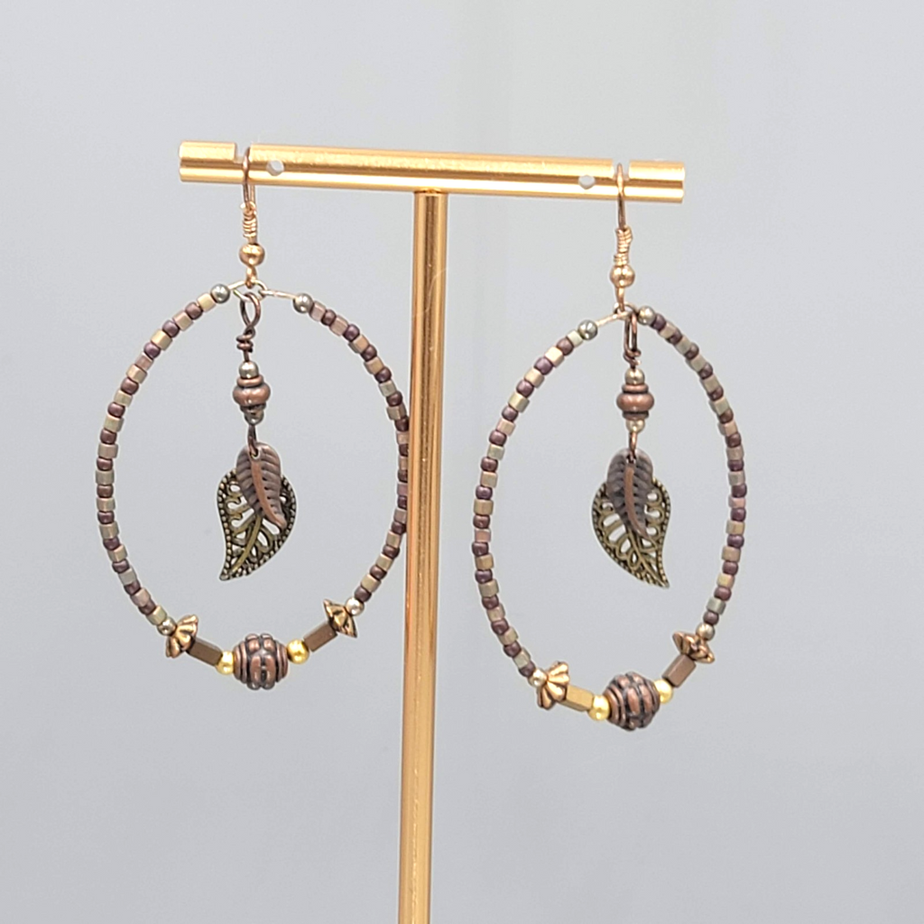 Boho Beaded Hoops Pierced Earrings Copper toen Leaf Dangle 2"