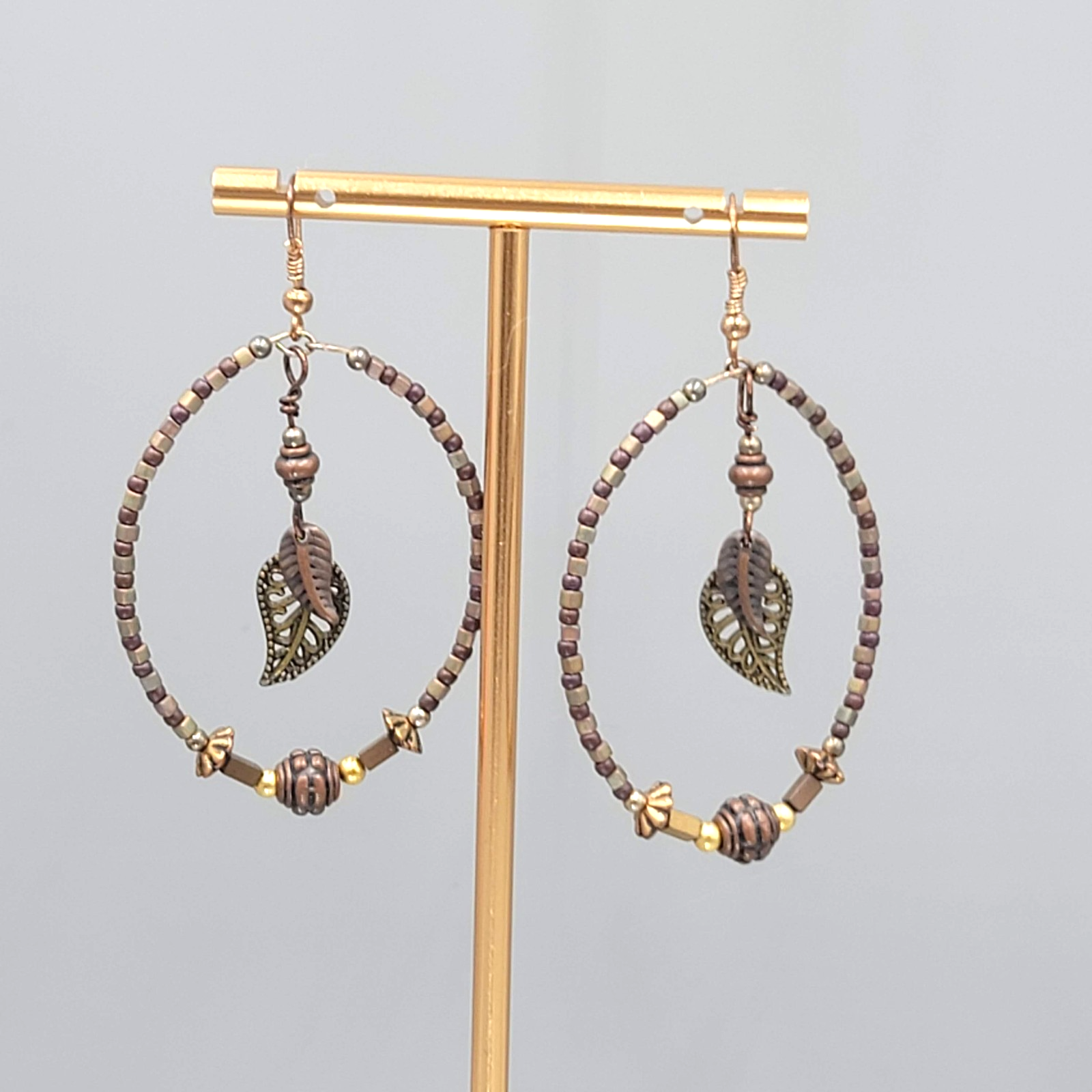 Boho Beaded Hoops Pierced Earrings Copper toen Leaf Dangle 2"