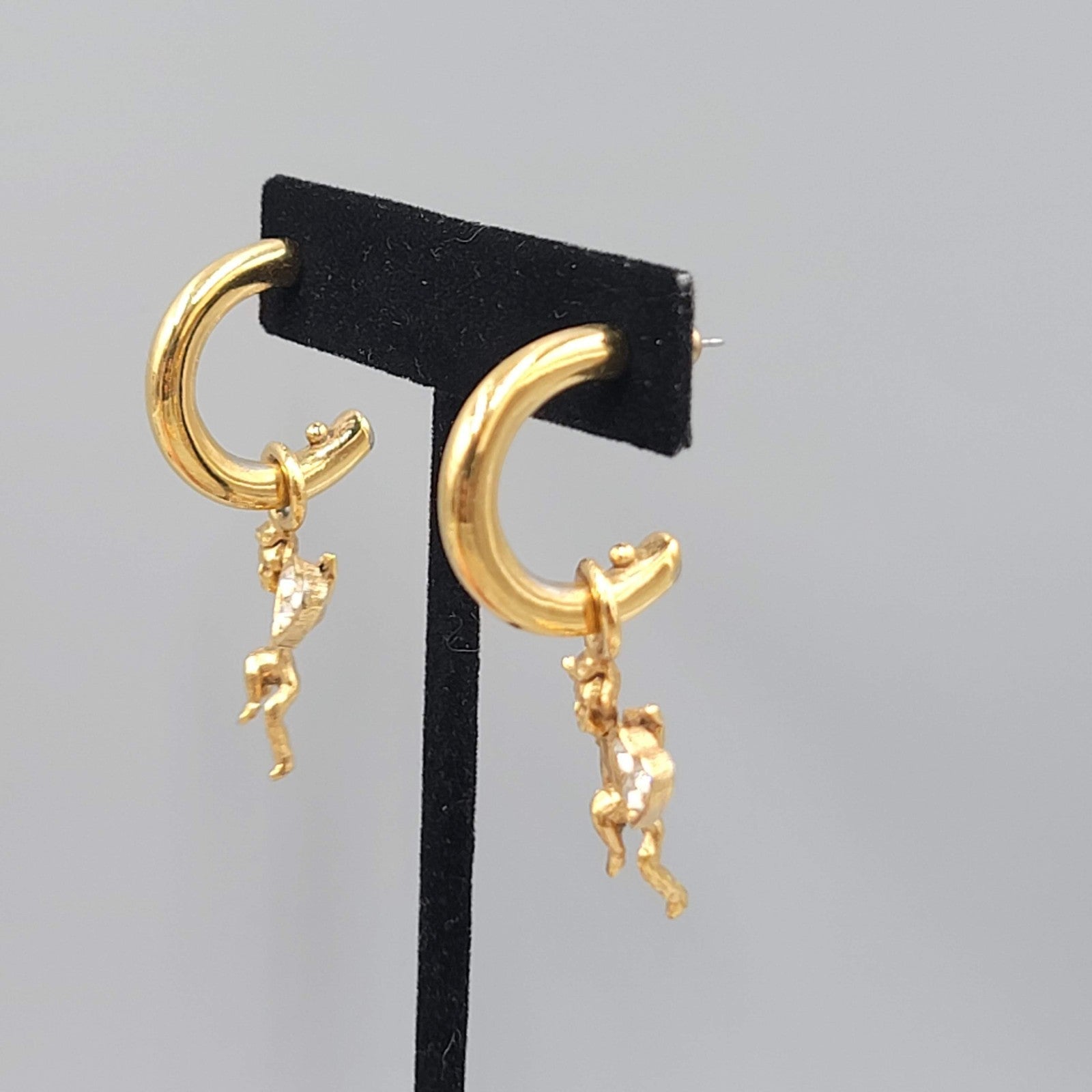 Vintage Angel Heart Hoops Pierced Earrings Gold tone Dangle Rhinestone 2"