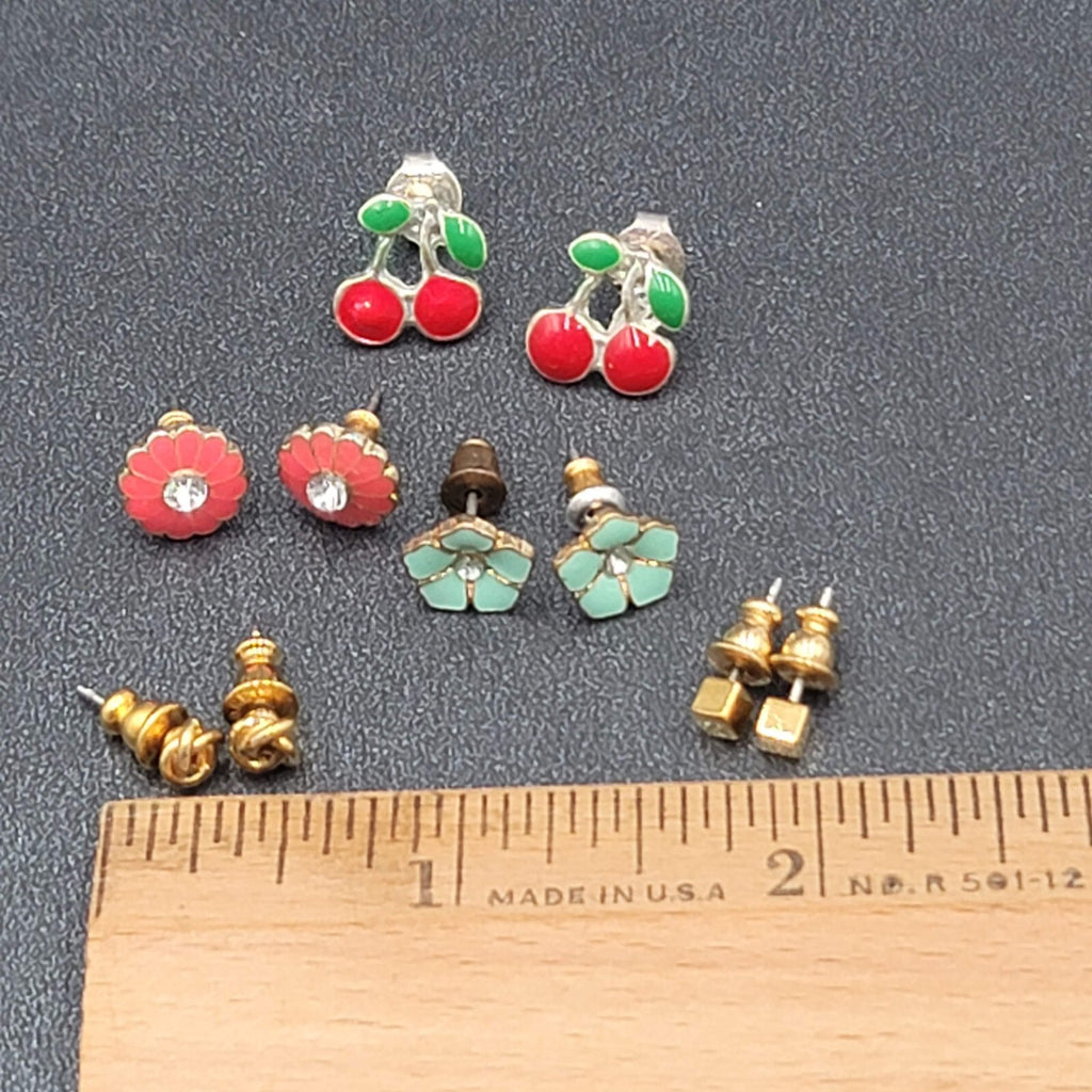 Lot of 5 Pierced Earrings Studs Cherrys Enamel Flowers Rhinestone Gold tone