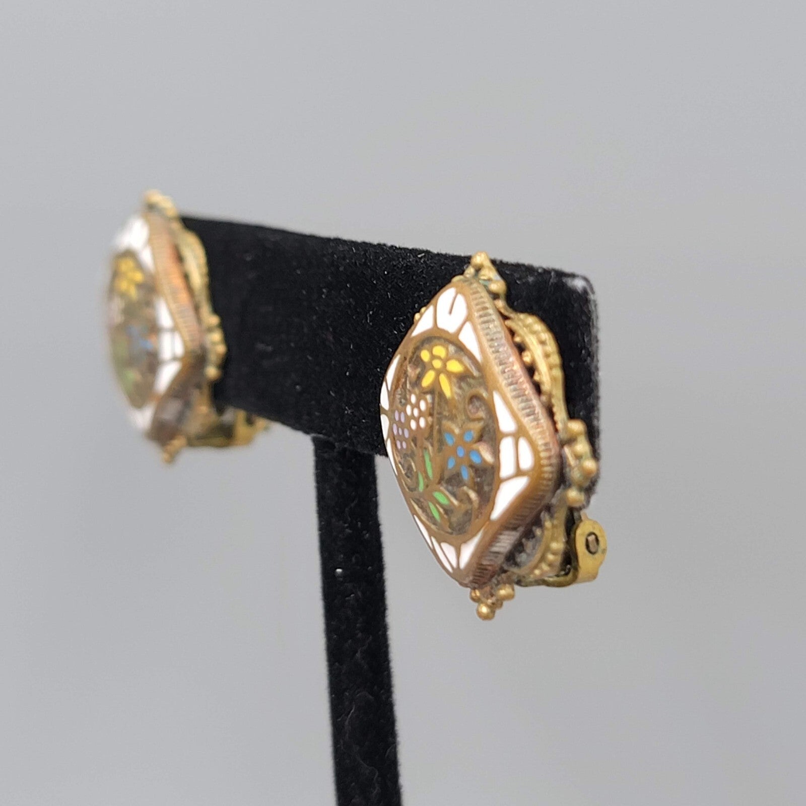 Antique Vintage Flower Enamel Clip on Earrings Brass Gold tone Square 7/8"