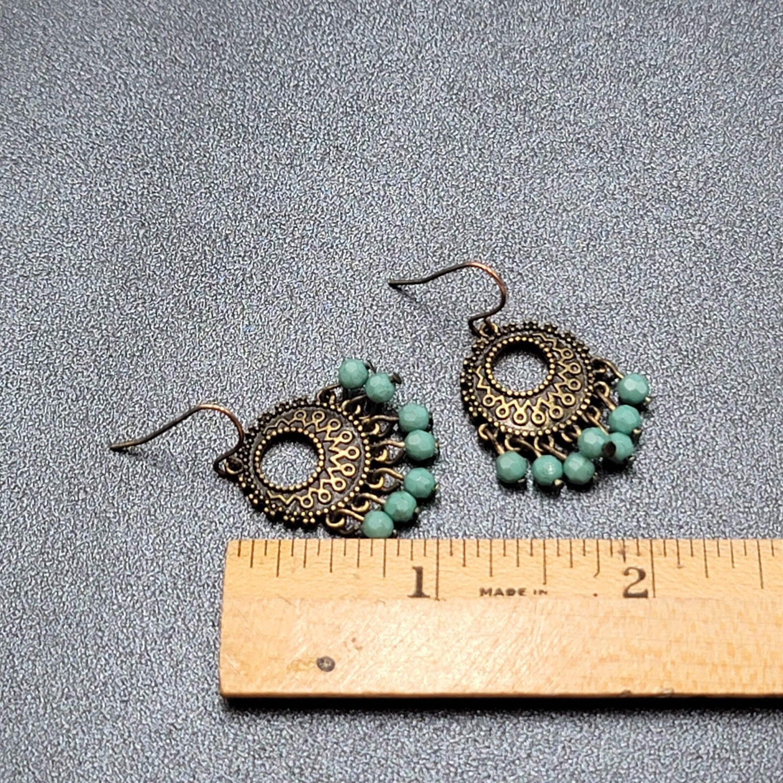 Pierced Earrings Bronze tone Blue Bead Medallion 1"