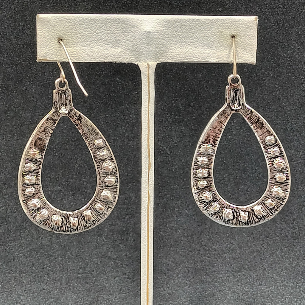 Pierced Earrings Textured Silver tone Open Teardrop Statement Dangle 1 7/8"