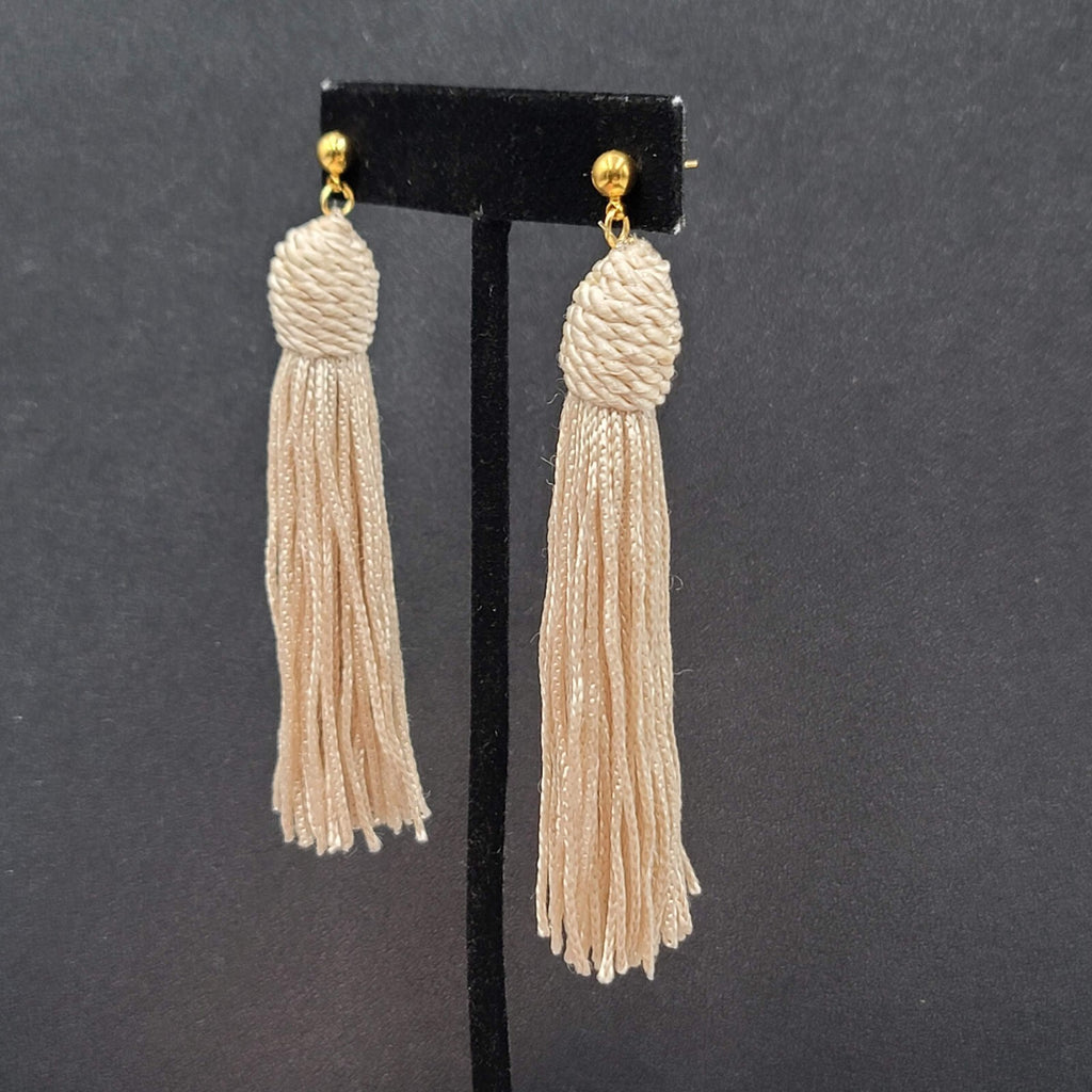 Pierced Earrings Gold tone Off White String Tassel Statement Dangle 3"
