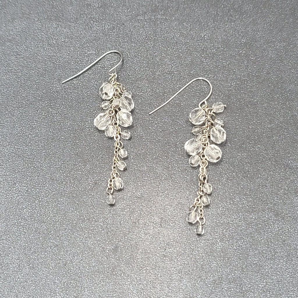 Pierced Earrings Silver tone Clear Bead Cluster Dangle 2.25"