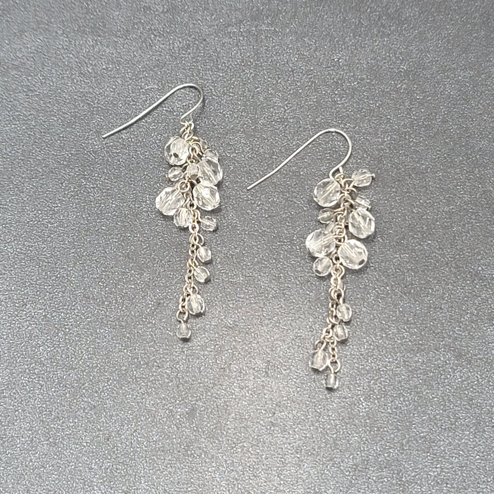 Pierced Earrings Silver tone Clear Bead Cluster Dangle 2.25"
