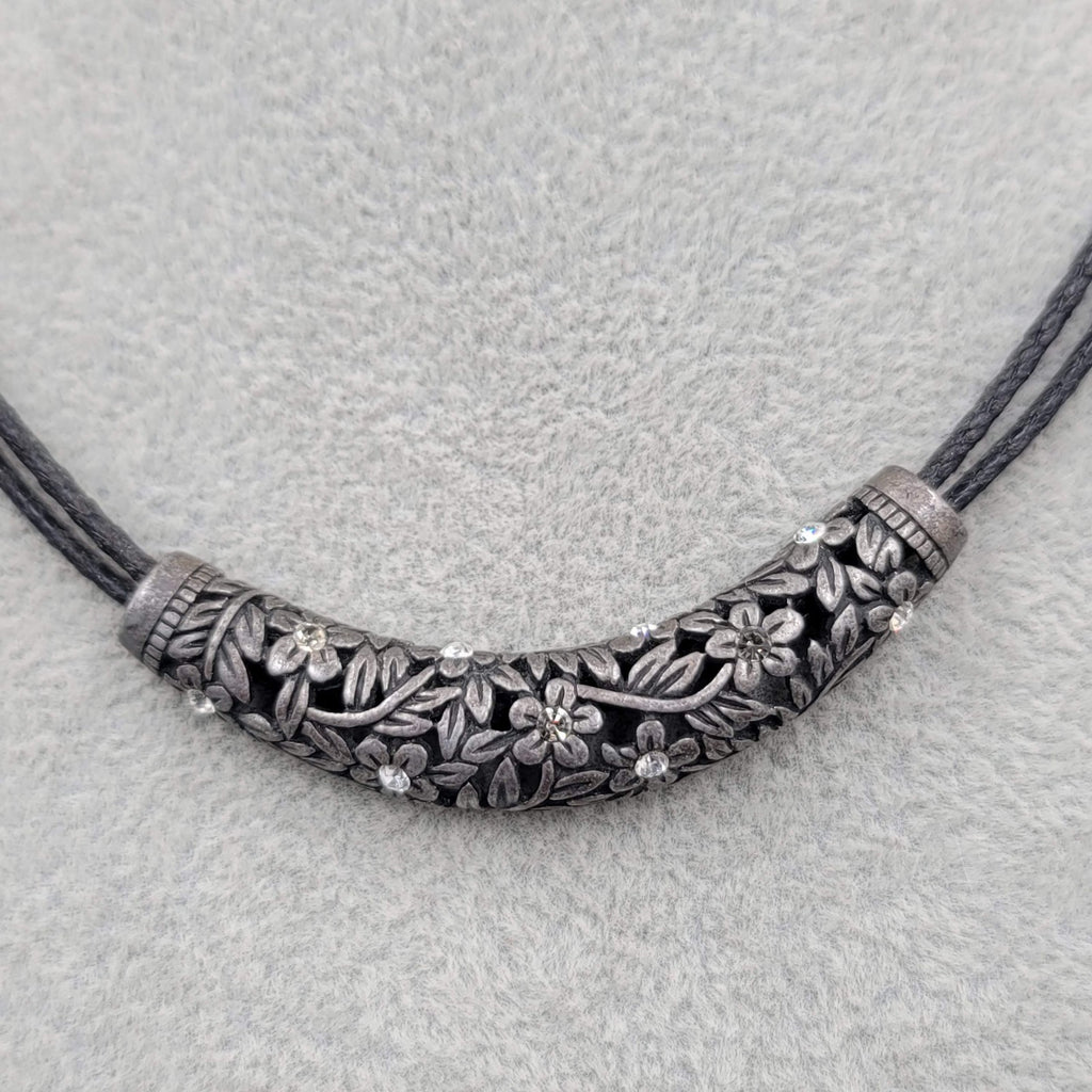 lia sophia Necklace Black Leather Part Pendant Crystal Flowers Pewter 18 in