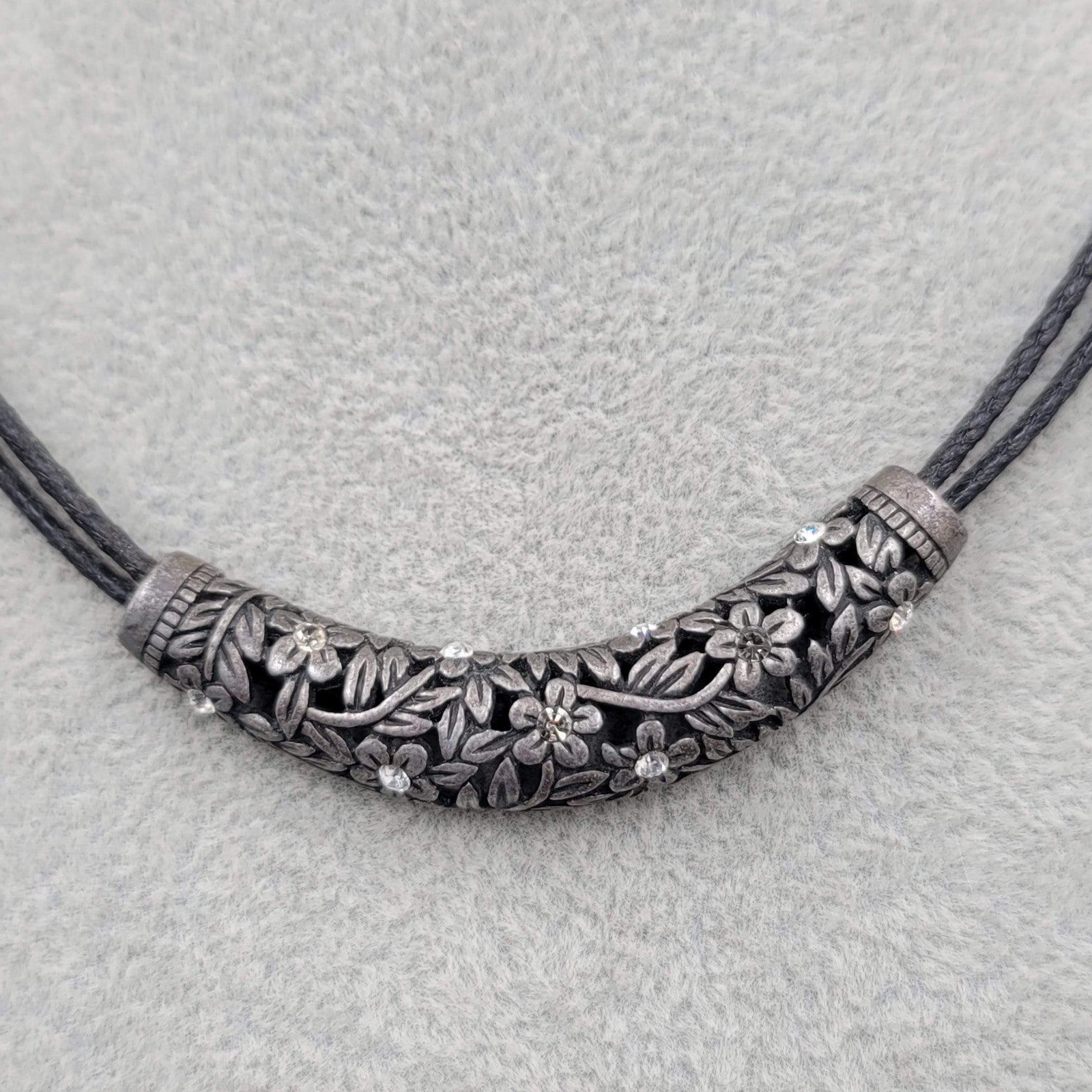 lia sophia Necklace Black Leather Part Pendant Crystal Flowers Pewter 18 in