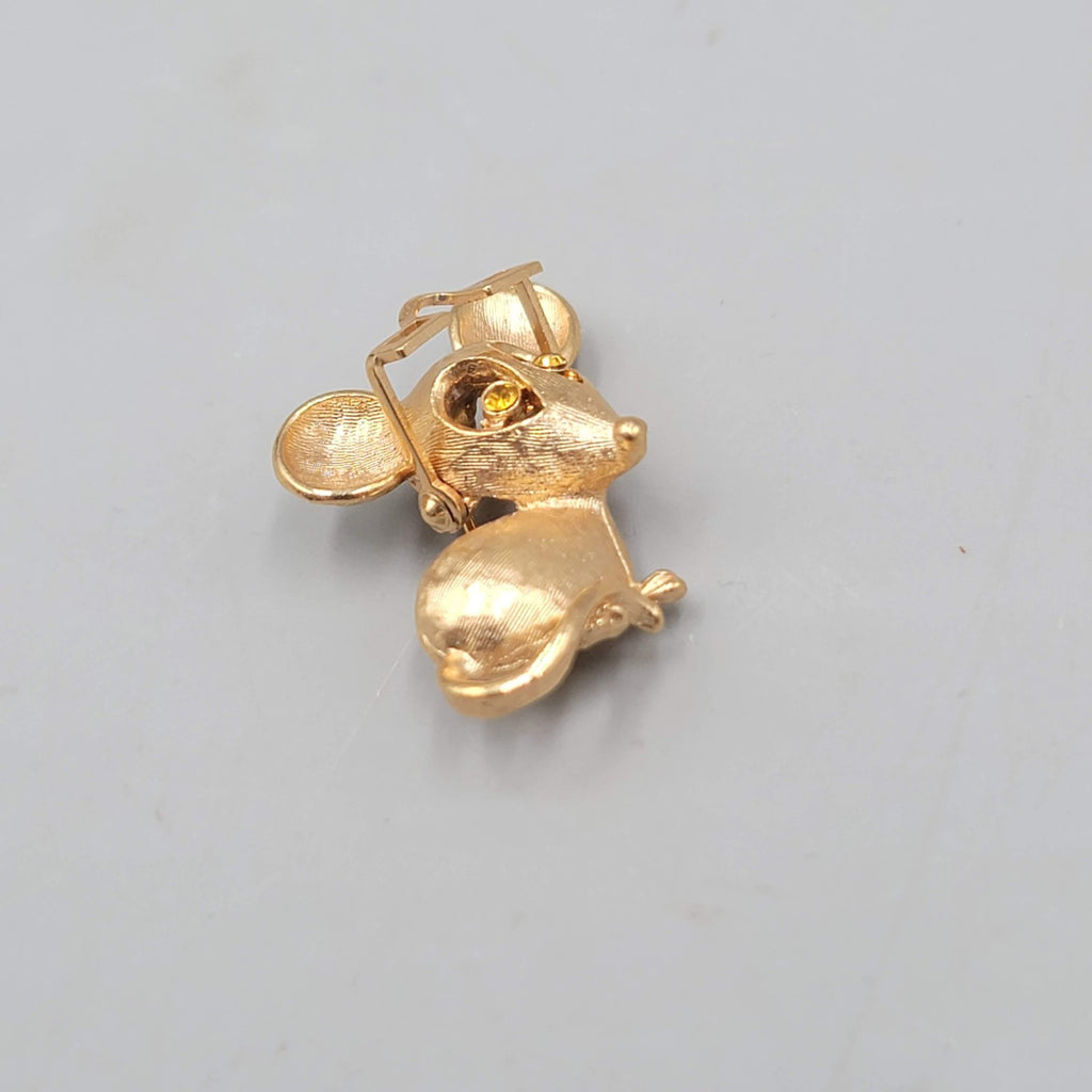 Vintage Avon Mouse with Glasses Brooch Gold tone Yellow Eyes 1.25 in