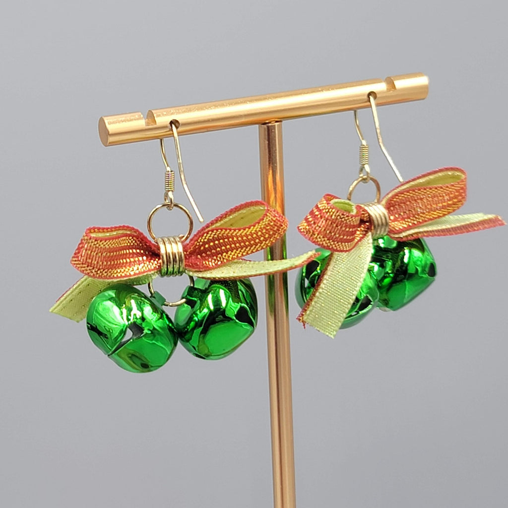 Christmas Jingle Bells Ribbon Pierced Earrings Gold tone Dangle 1 in