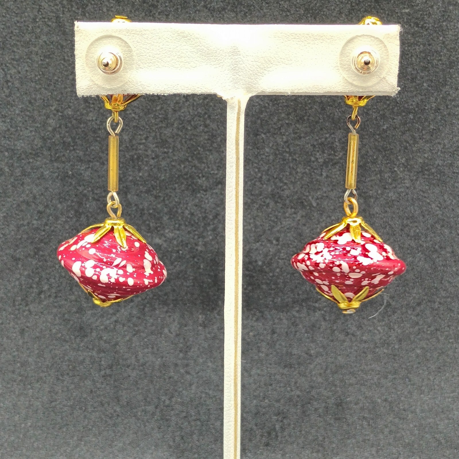 Vintage Pierced Earrings Gold tone Red White Acrylic Large Bead Dangle 2 1/2"