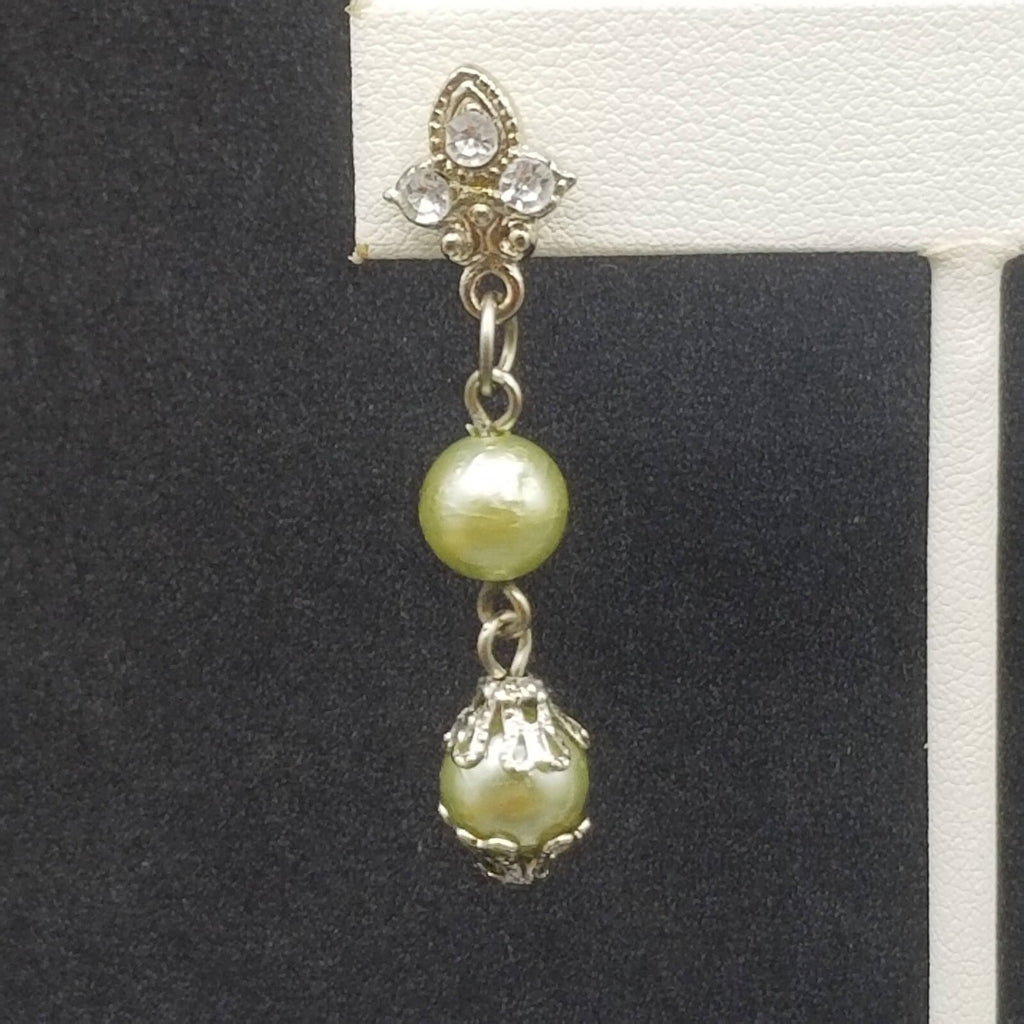 AVON Pierced Earrings Silver tone Capped Green Bead Dangle 1.75"