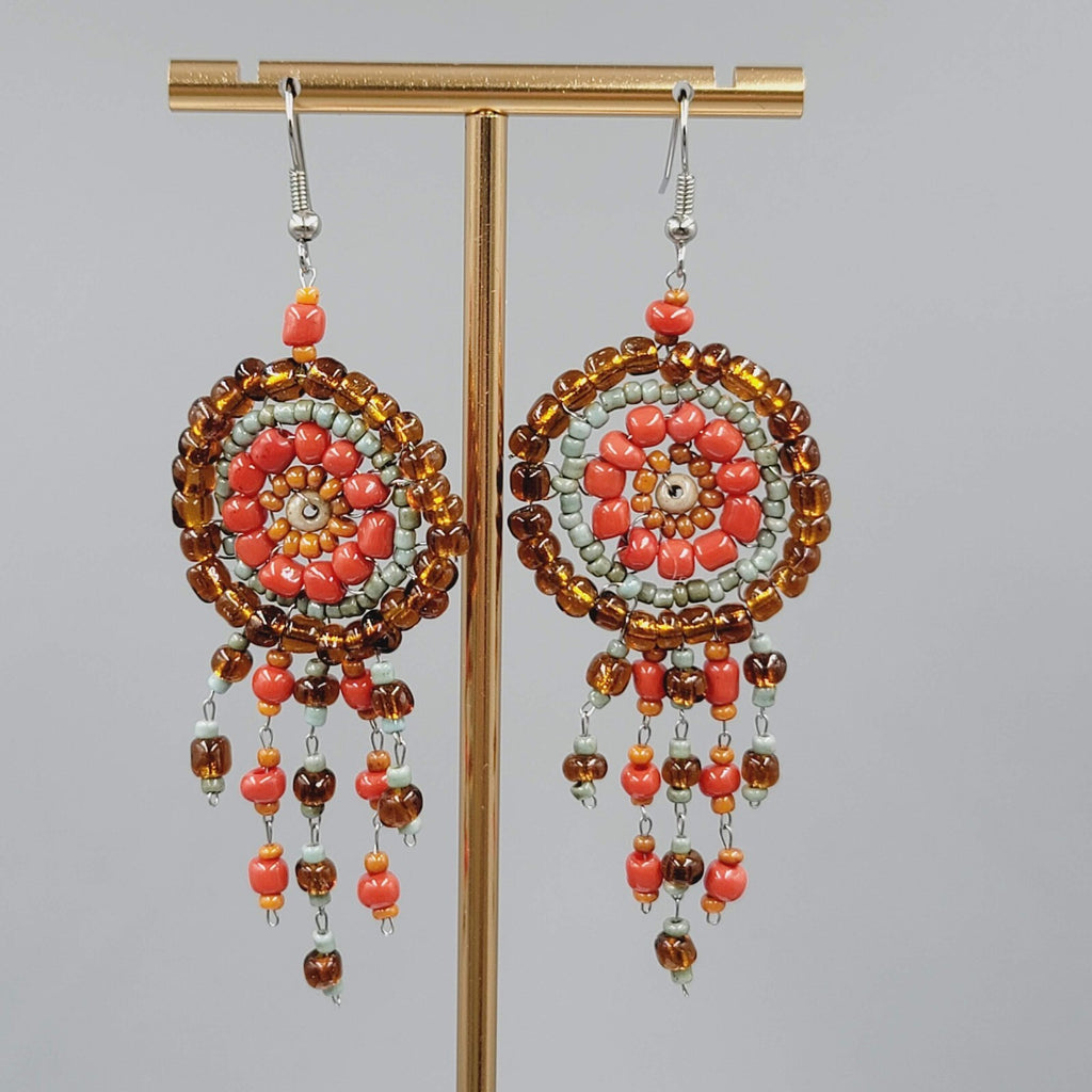 Medallion Bead Pierced Earrings Silver tone Dangle Orange Brown Blue 2.25"