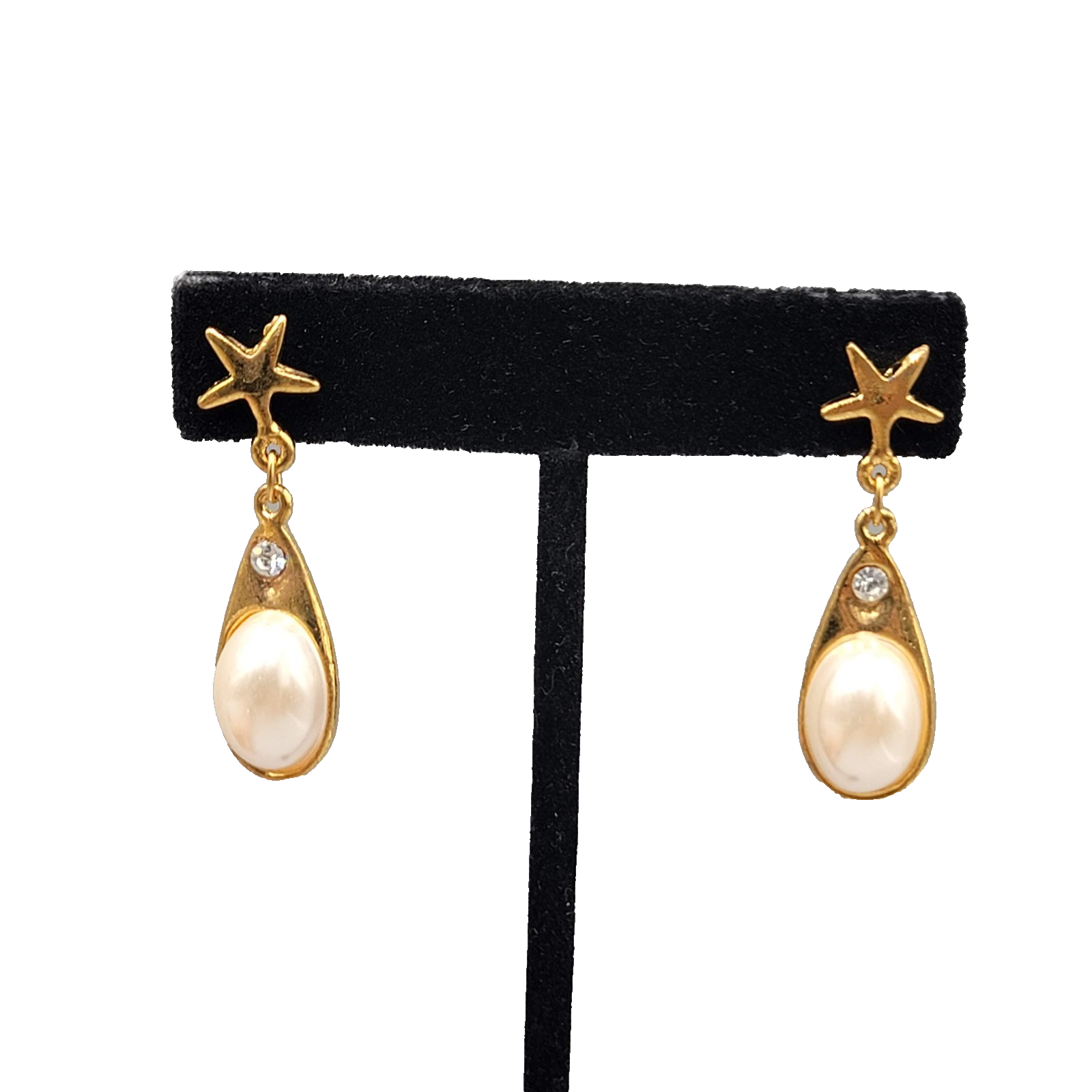 Star Crystal Faux Pearl Pierced Earrings Gold Plated Dangle 1.5 in