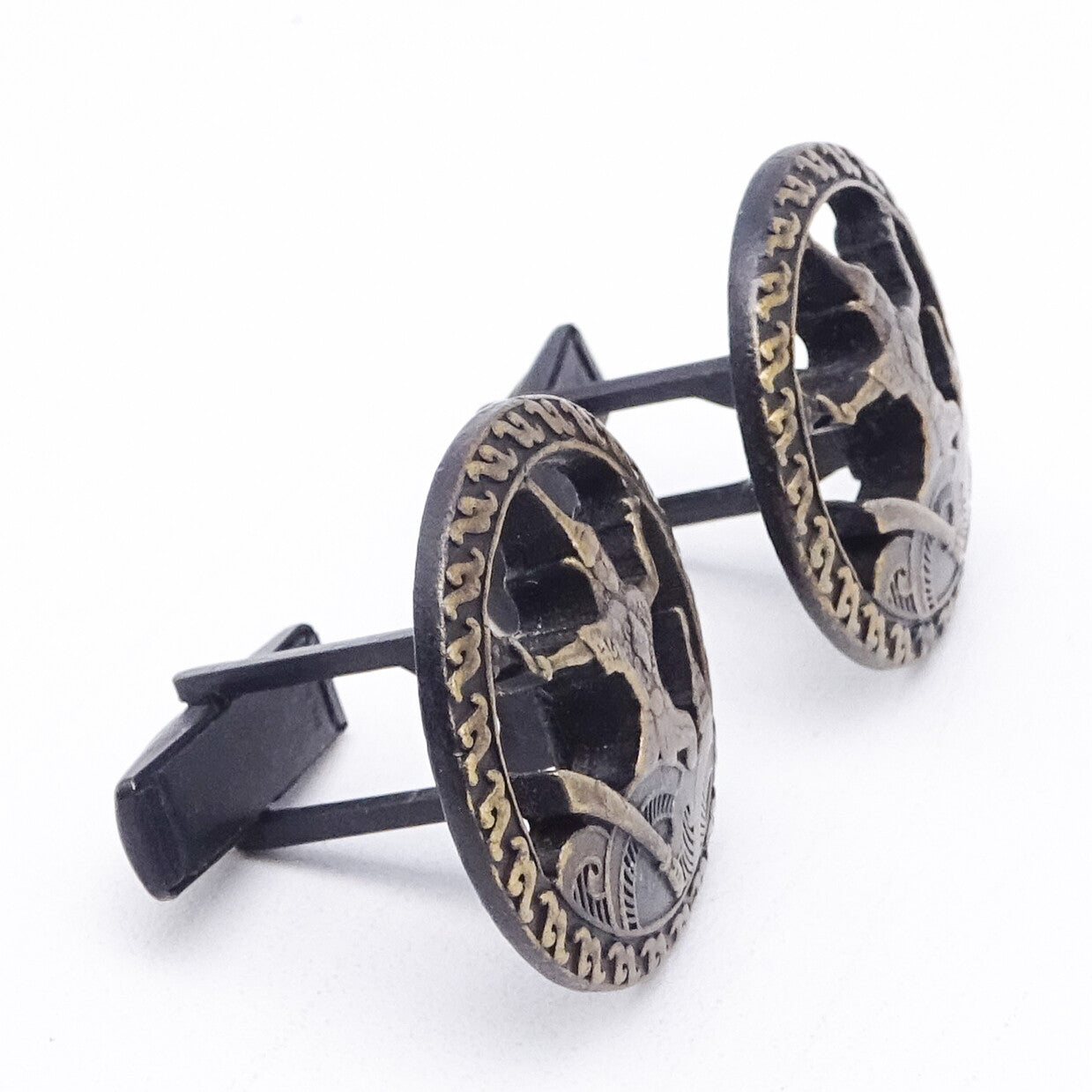 Vintage Cufflinks and Tie Clasp Set Bronze tone Siam Dancers Mens Estate Jewelry