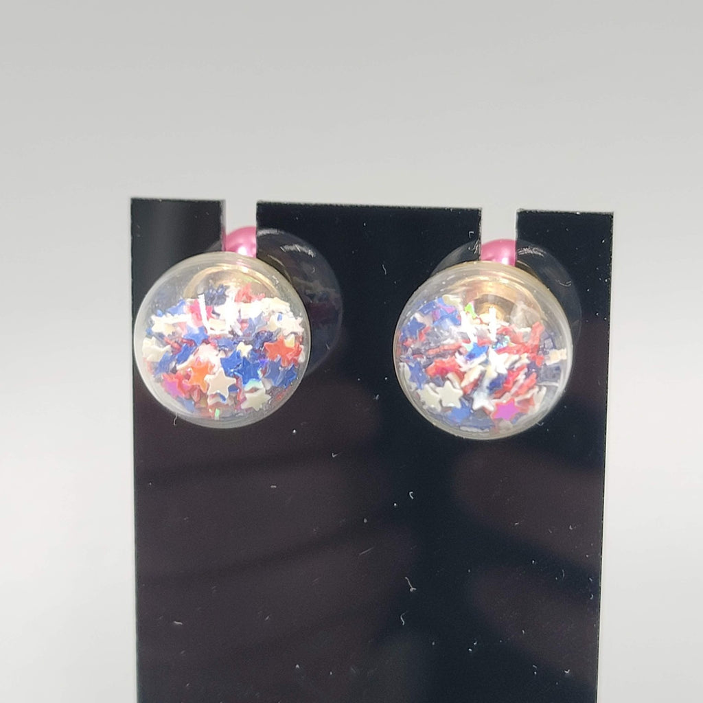 Reversible Stud Pierced Earrings  Star Confetti Glass Globe 5/8 in