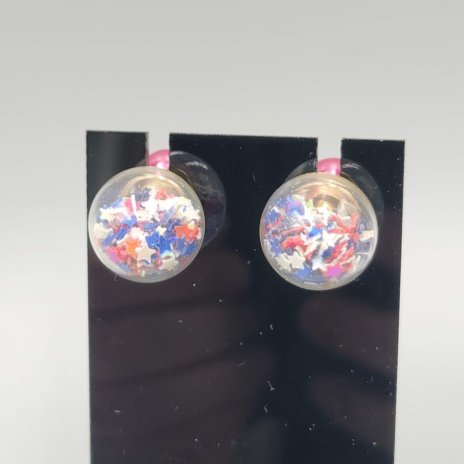 Reversible Stud Pierced Earrings  Star Confetti Glass Globe 5/8 in