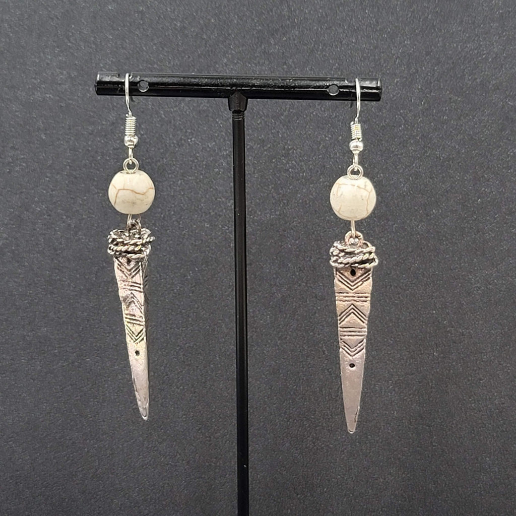 Pierced Earrings Silver tone White Stone Bead Dangle Spike 2.25"