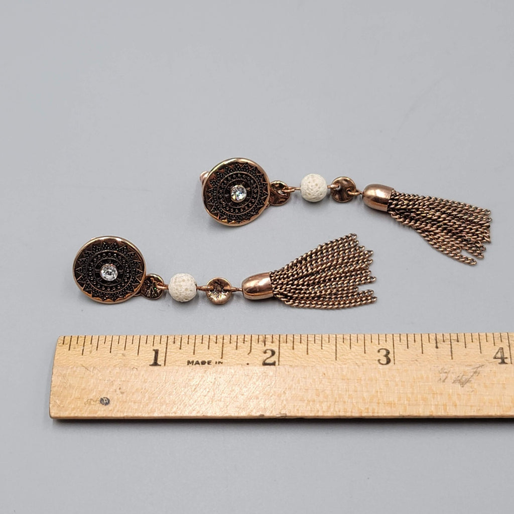 Pierced Earrings Copper tone Dangle Dangle Chains White Stone Bead 2.75"