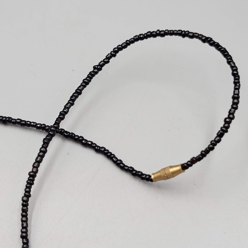 Hand Carved Leaf Pendant Necklace Black Seed Bead 16"