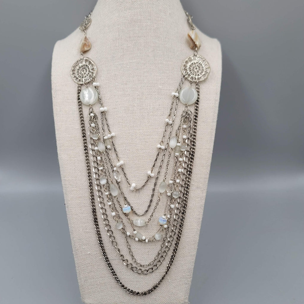 Multi Chain Necklace Silver tone White Cats Eye Bead 28"