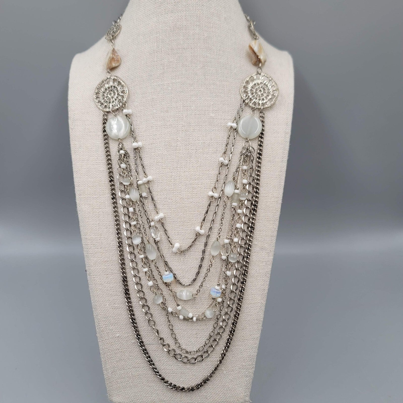 Multi Chain Necklace Silver tone White Cats Eye Bead 28"