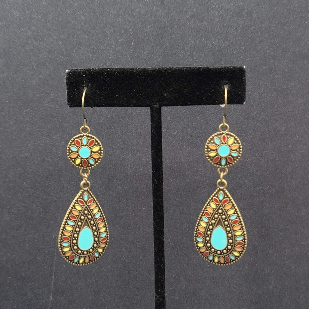 New Boho Pierced Earrings Multicolor Enamel Round Teardrop Blue Dangle 2.25"