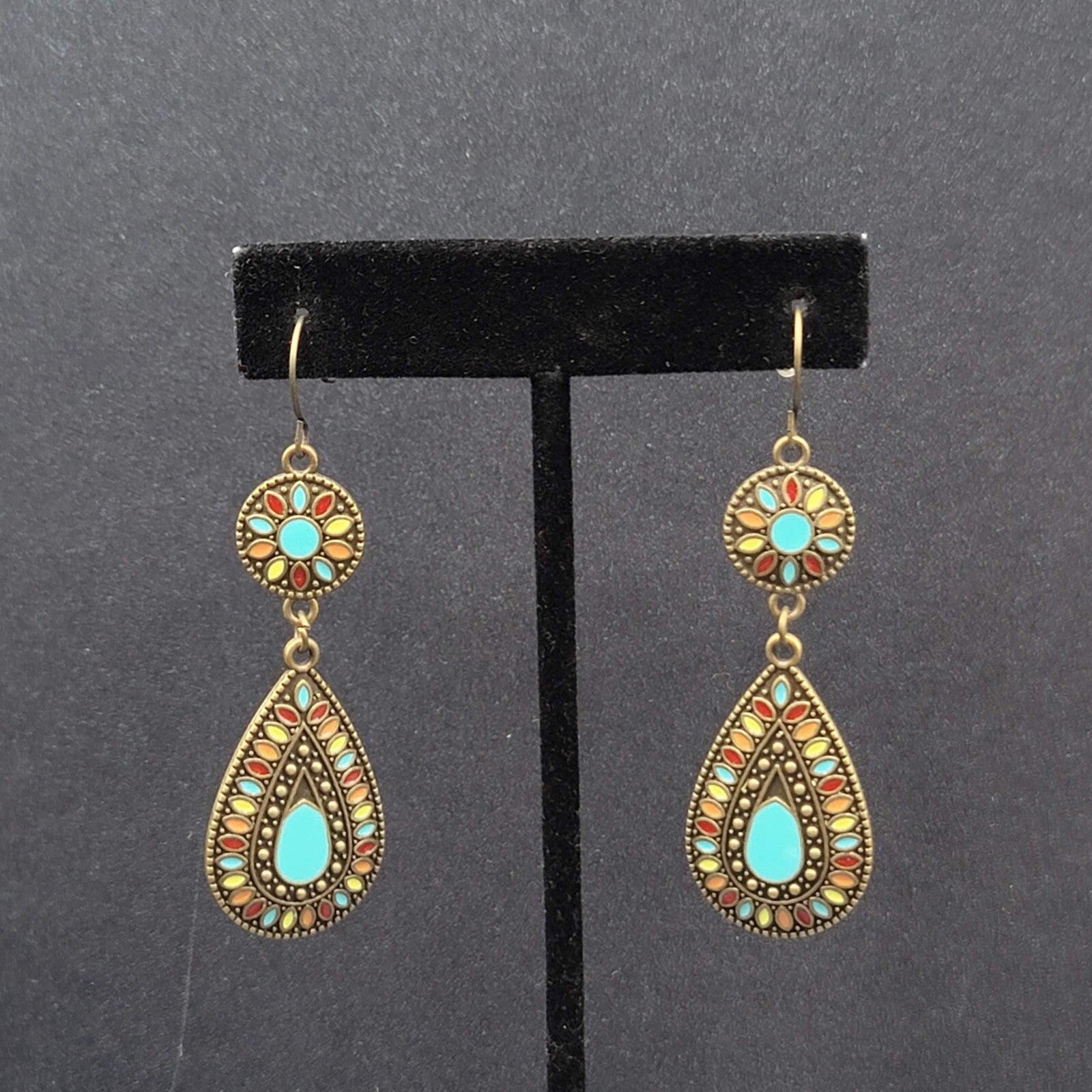 New Boho Pierced Earrings Multicolor Enamel Round Teardrop Blue Dangle 2.25"