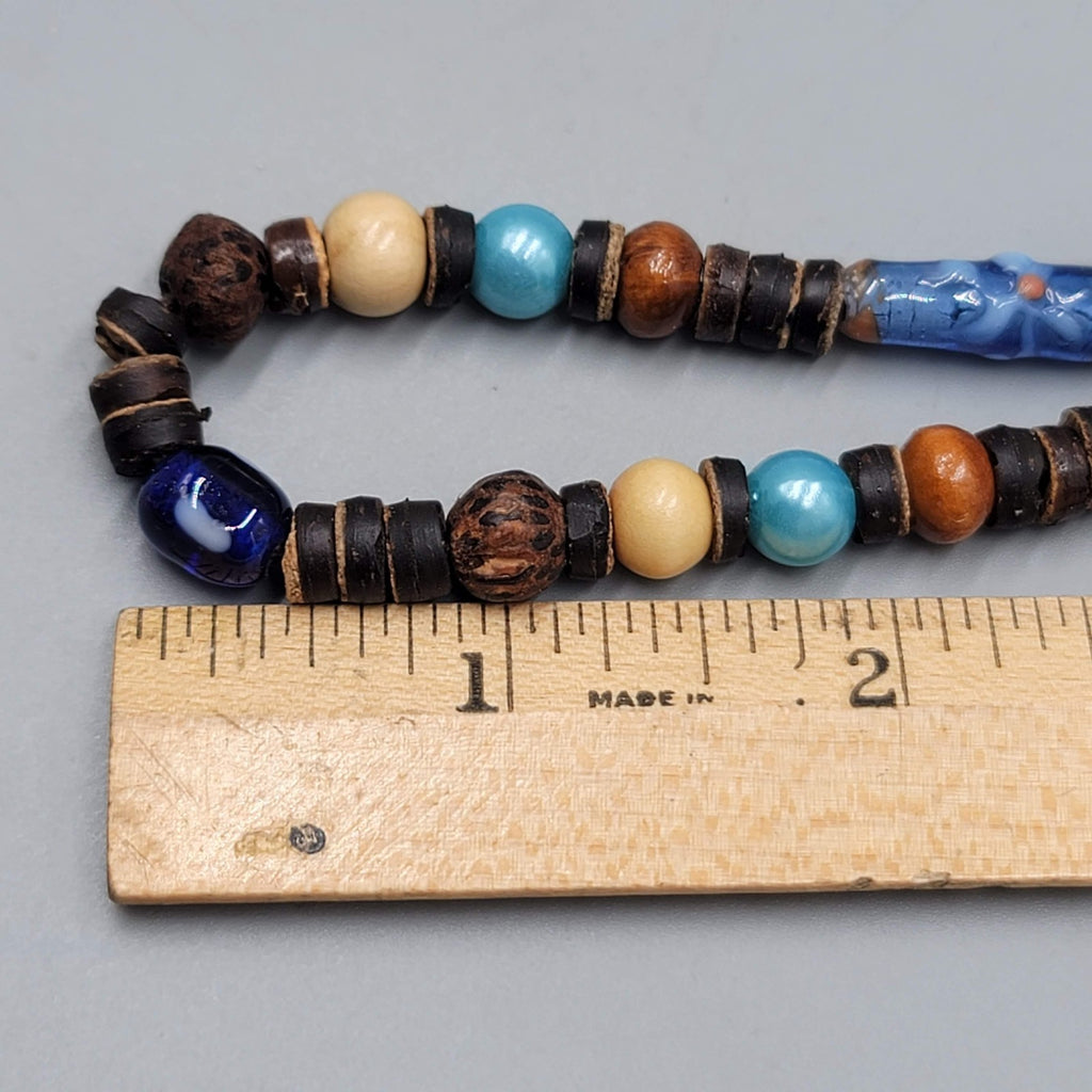 Artisan Beaded Necklace Wood Coconut Art Glass Blue Brown Beige Button Close 17"