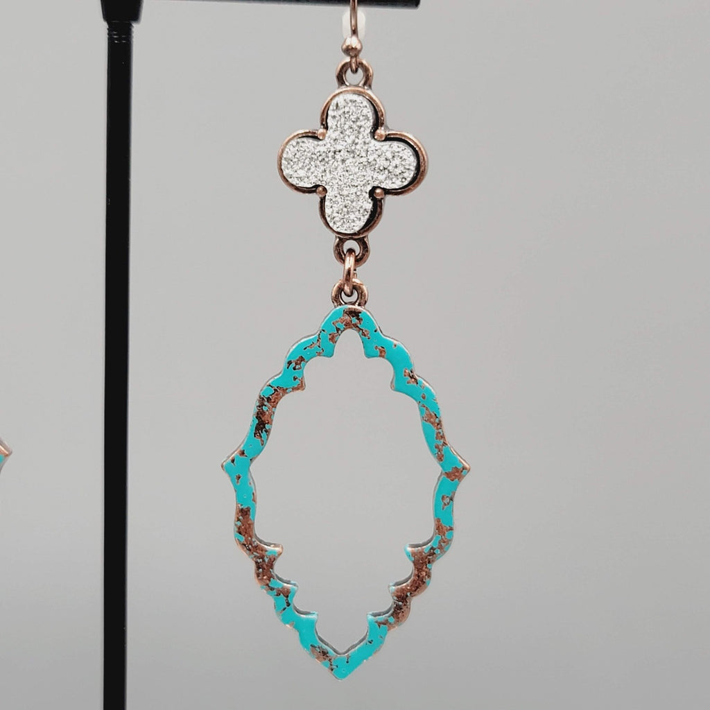 Blue Enamel Patina Dangle Pierced Earrings Silver tone Cross Copper tone 2.5"