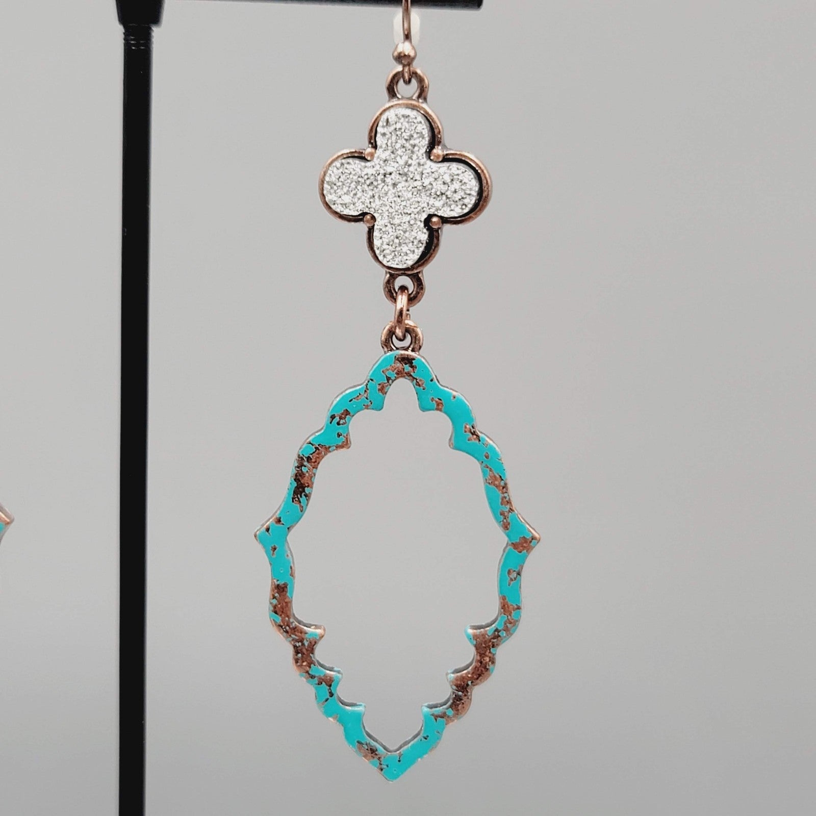 Blue Enamel Patina Dangle Pierced Earrings Silver tone Cross Copper tone 2.5"