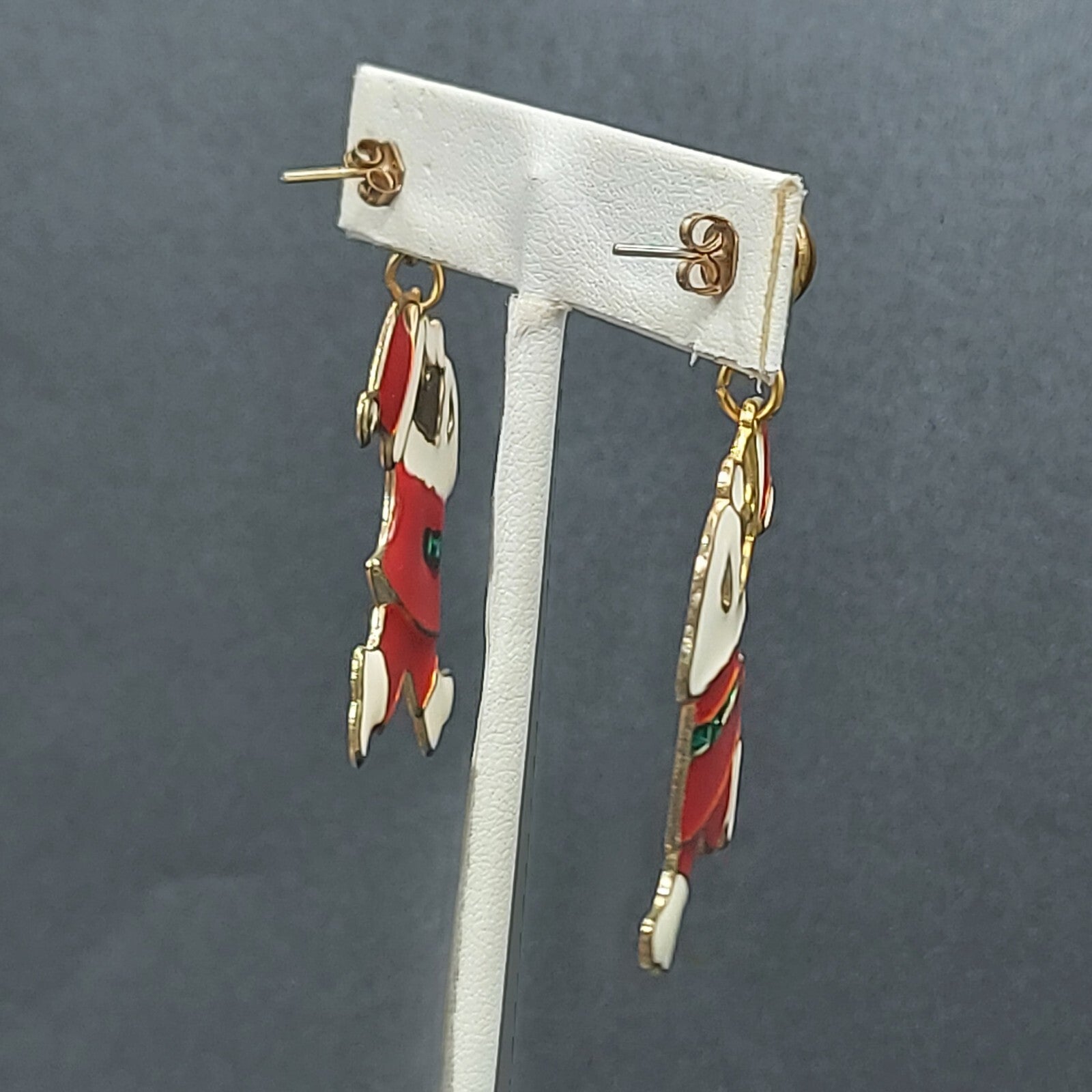 Christmas Pierced Earrings Gold tone Red Enamel Santa Claus 1 1/2"