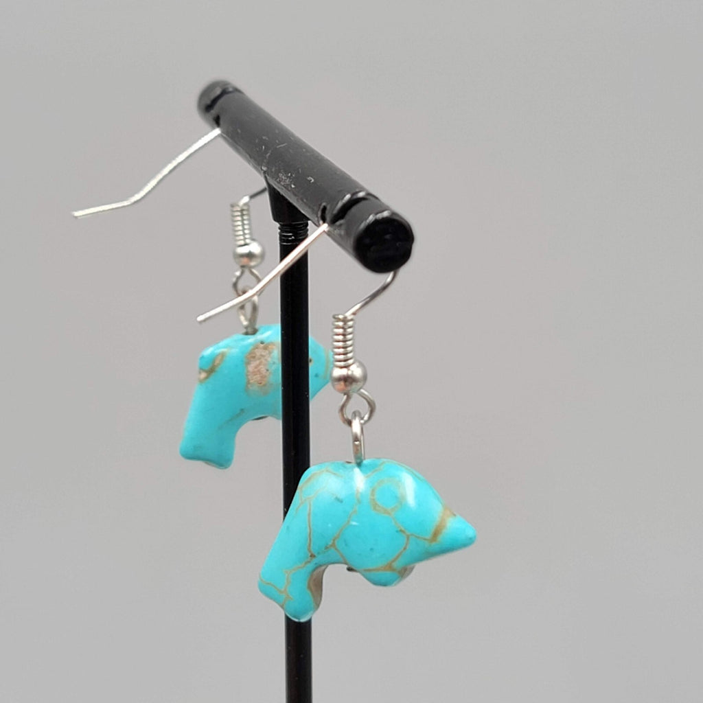 Dolphin Pierced Earrings Blue Howlite Stone Silver tone Dangle 3/4"