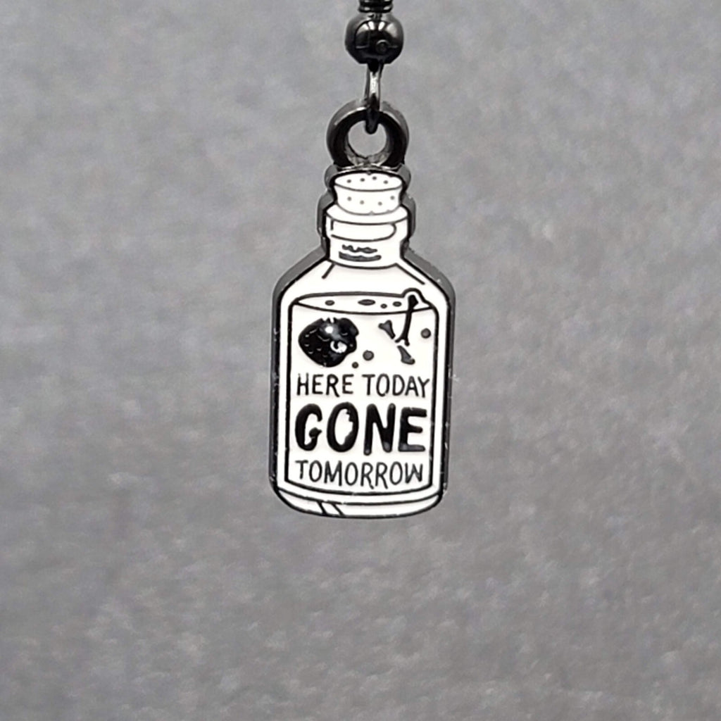 Poison Pierced Earrings Black White Enamel Dangle Here Today Gone Tomorrow 7/8"