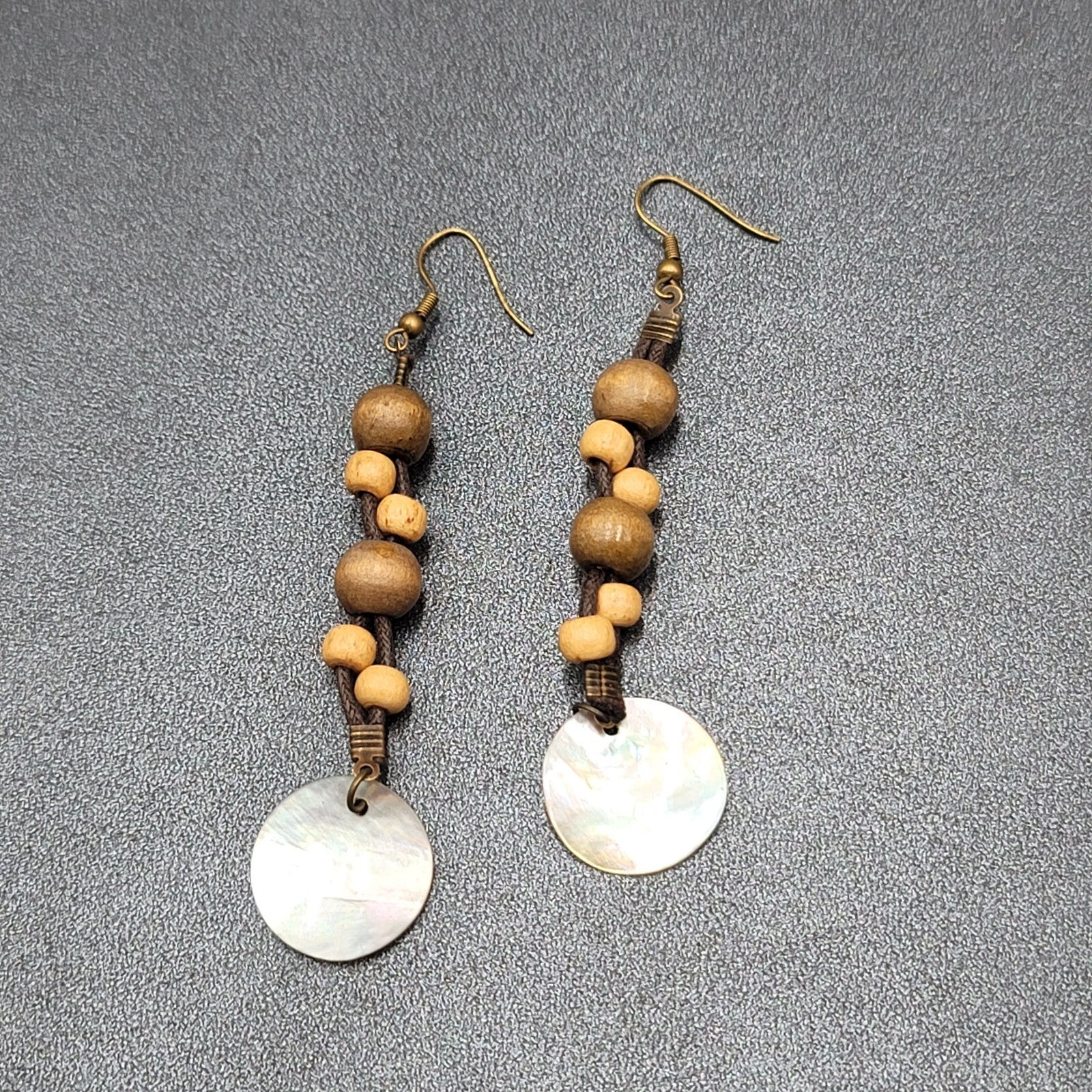 Boho Pierced Earrings Brown Cord Wooden Bead Shell Dangle 3"