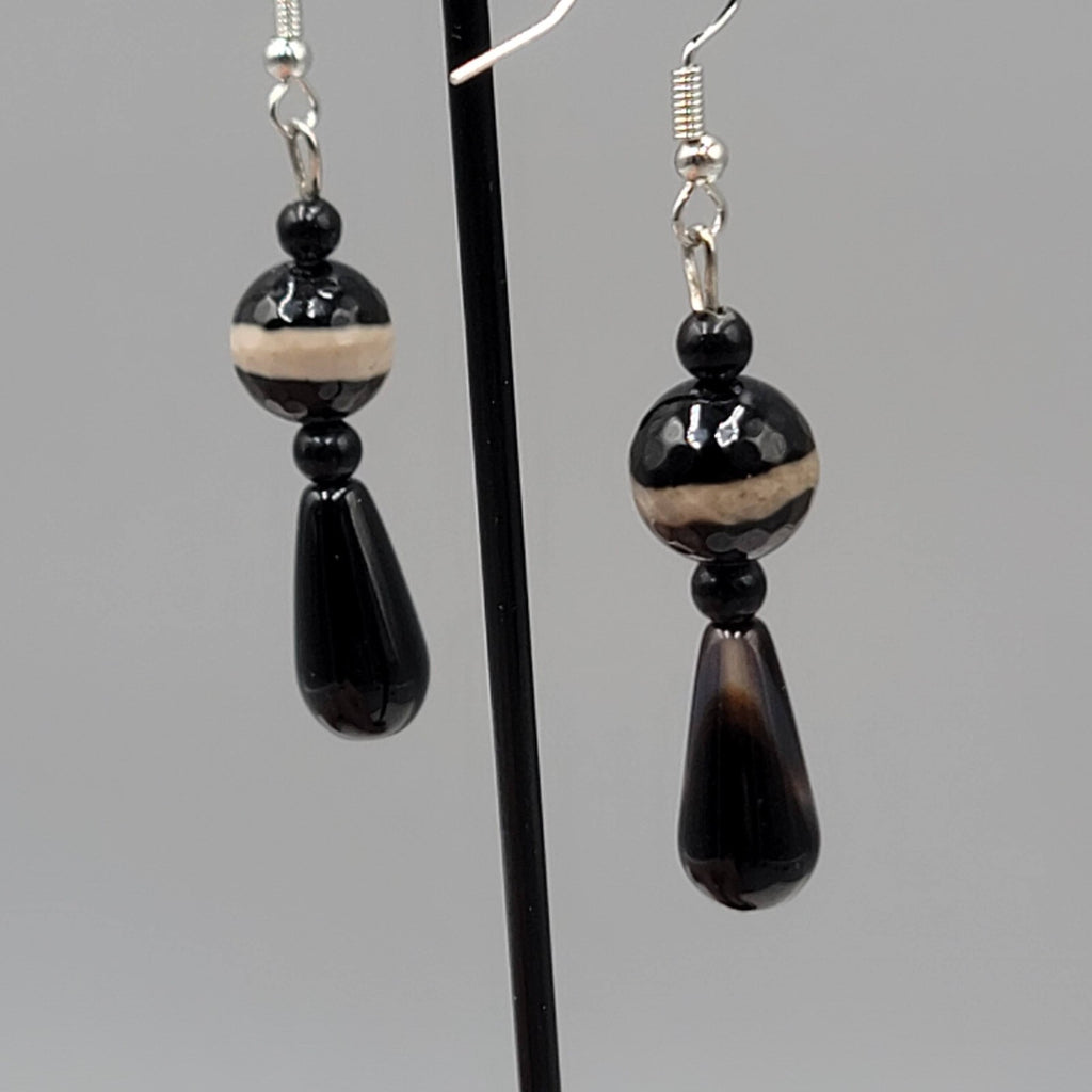 Pierced Earrings Silver tone Black Brown Art Glass Bead Dangle 1.5"