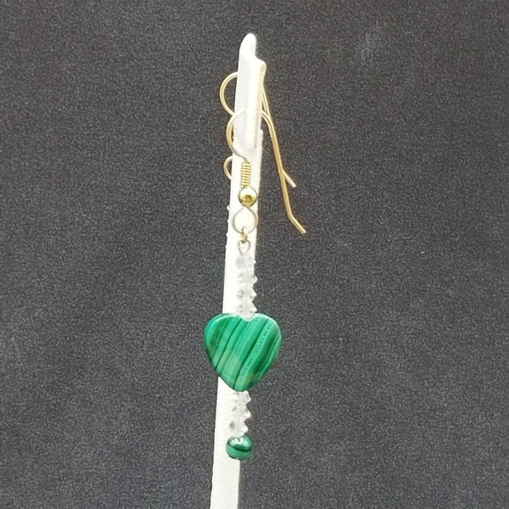 Pierced Earrings Gold tone Green Malachite Heart Crystal Beaded Dangle 1 3/8"