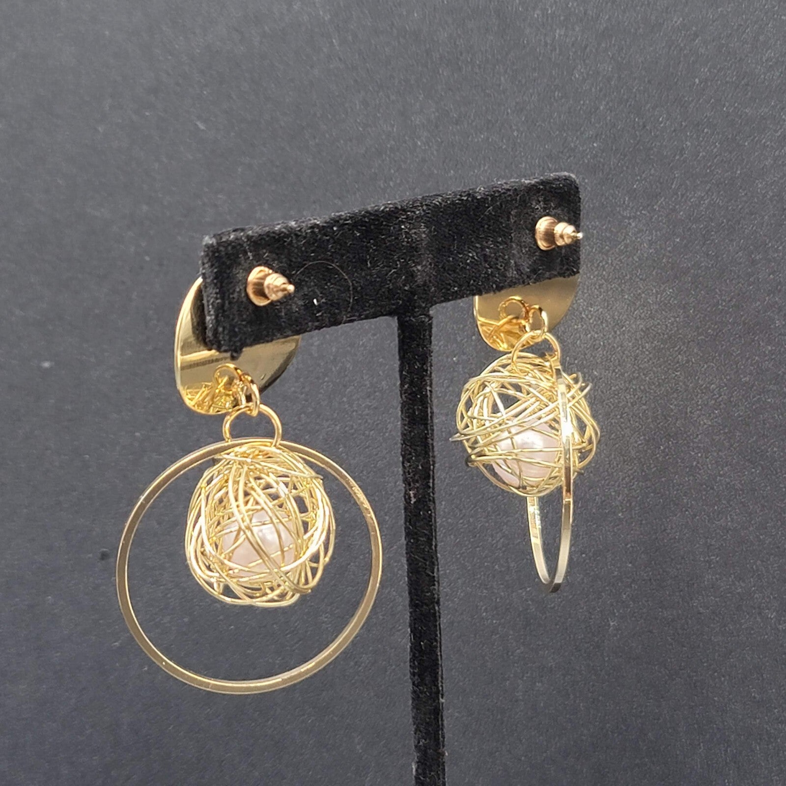 Pierced Earrings Gold tone Large Statement Wire Wrapped White Bead 2.25"