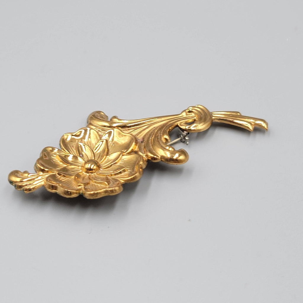 Vintage Flower Brooch Embossed Gold Tone Metal 3 3/8""