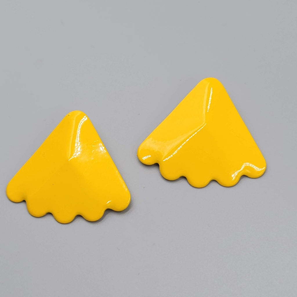 Vintage Pierced Earrings Yellow Enamel Triangle Drop Statement 80s 1.5"
