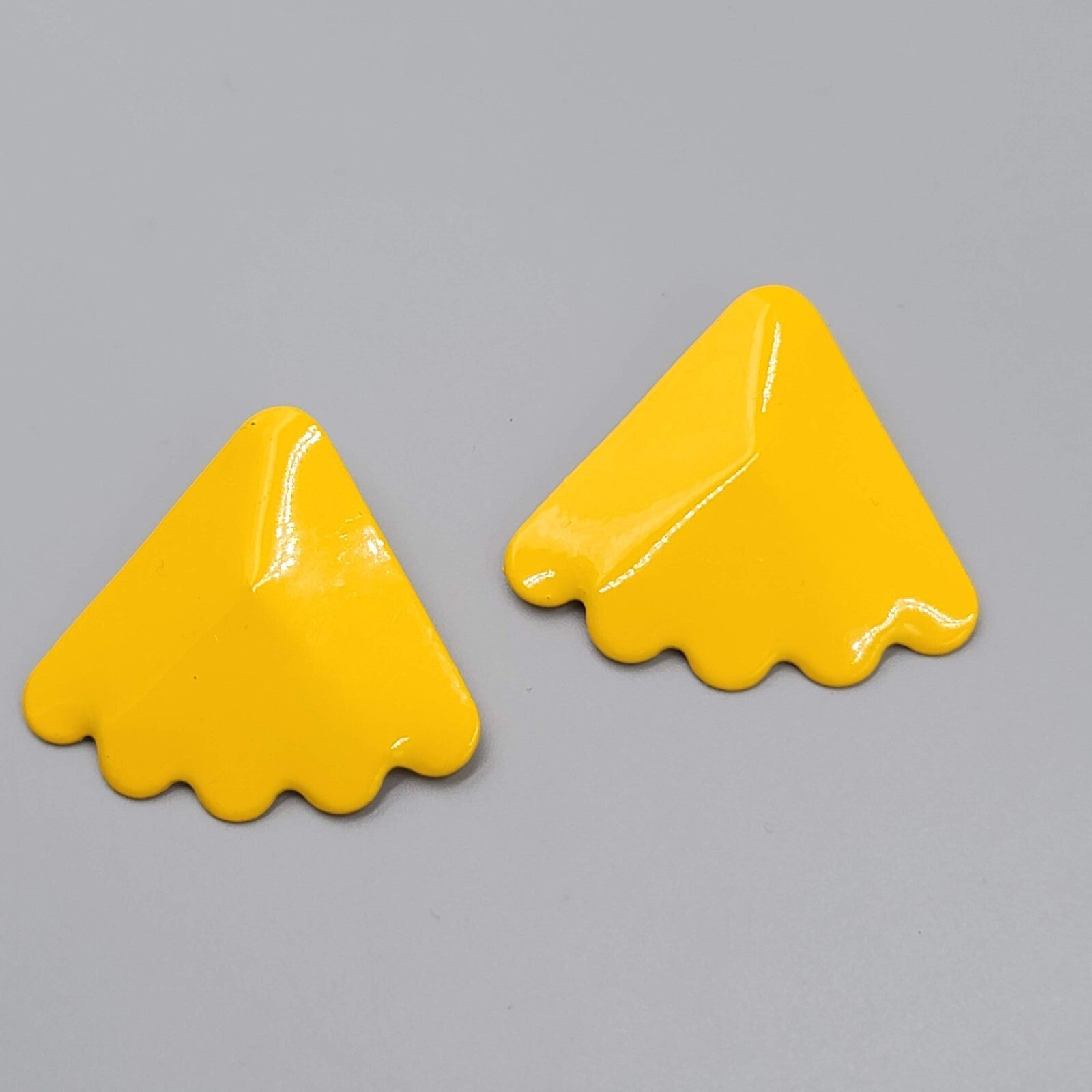 Vintage Pierced Earrings Yellow Enamel Triangle Drop Statement 80s 1.5"