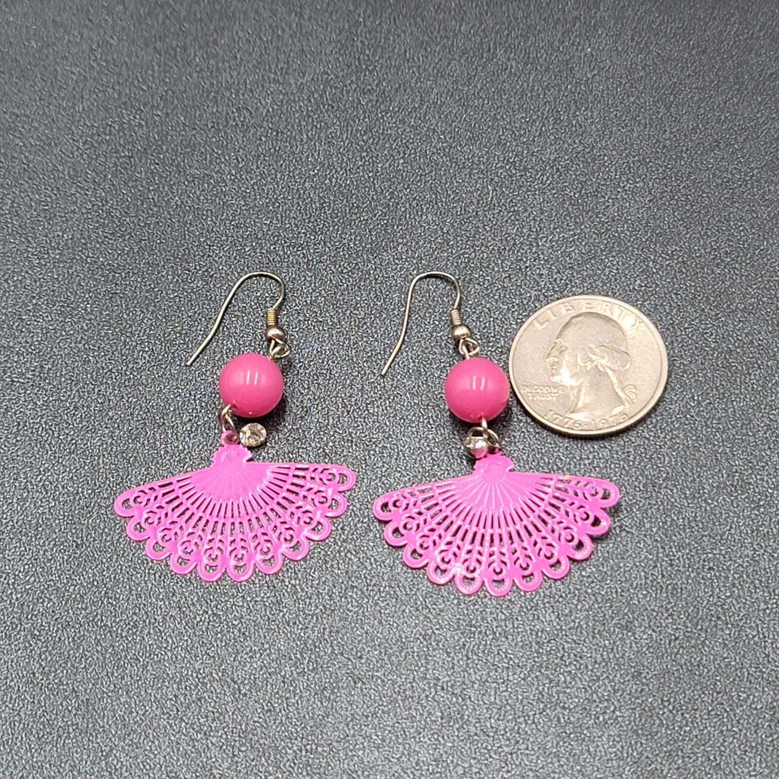 Pierced Earrings Hot Pink Enamel over Metal Fan Bead Dangle 1.75"