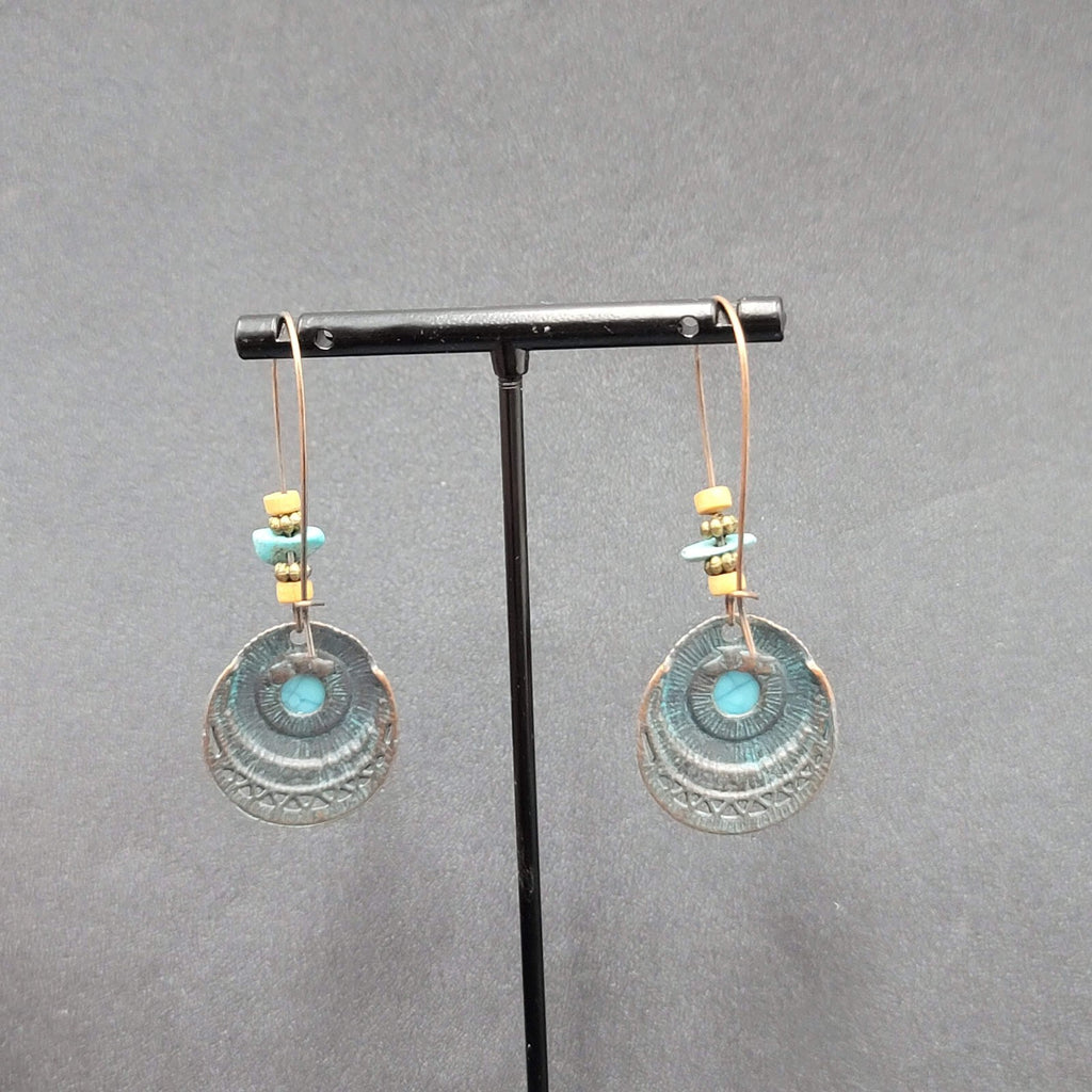 Boho Pierced Earrings Copper tone Faux Turquoise Dangle 2.25"
