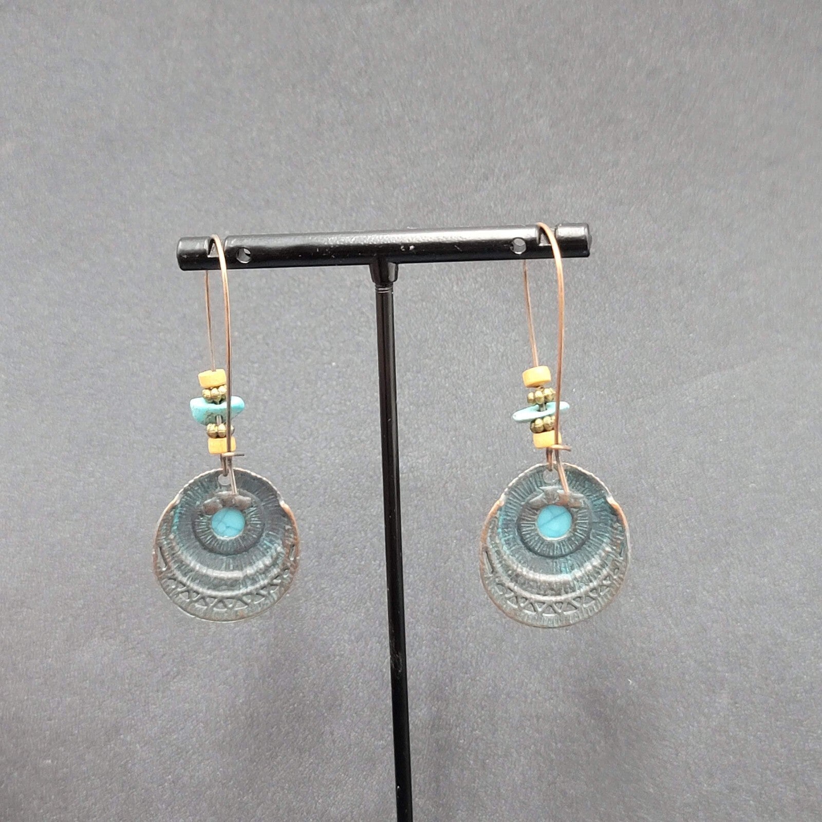 Boho Pierced Earrings Copper tone Faux Turquoise Dangle 2.25"