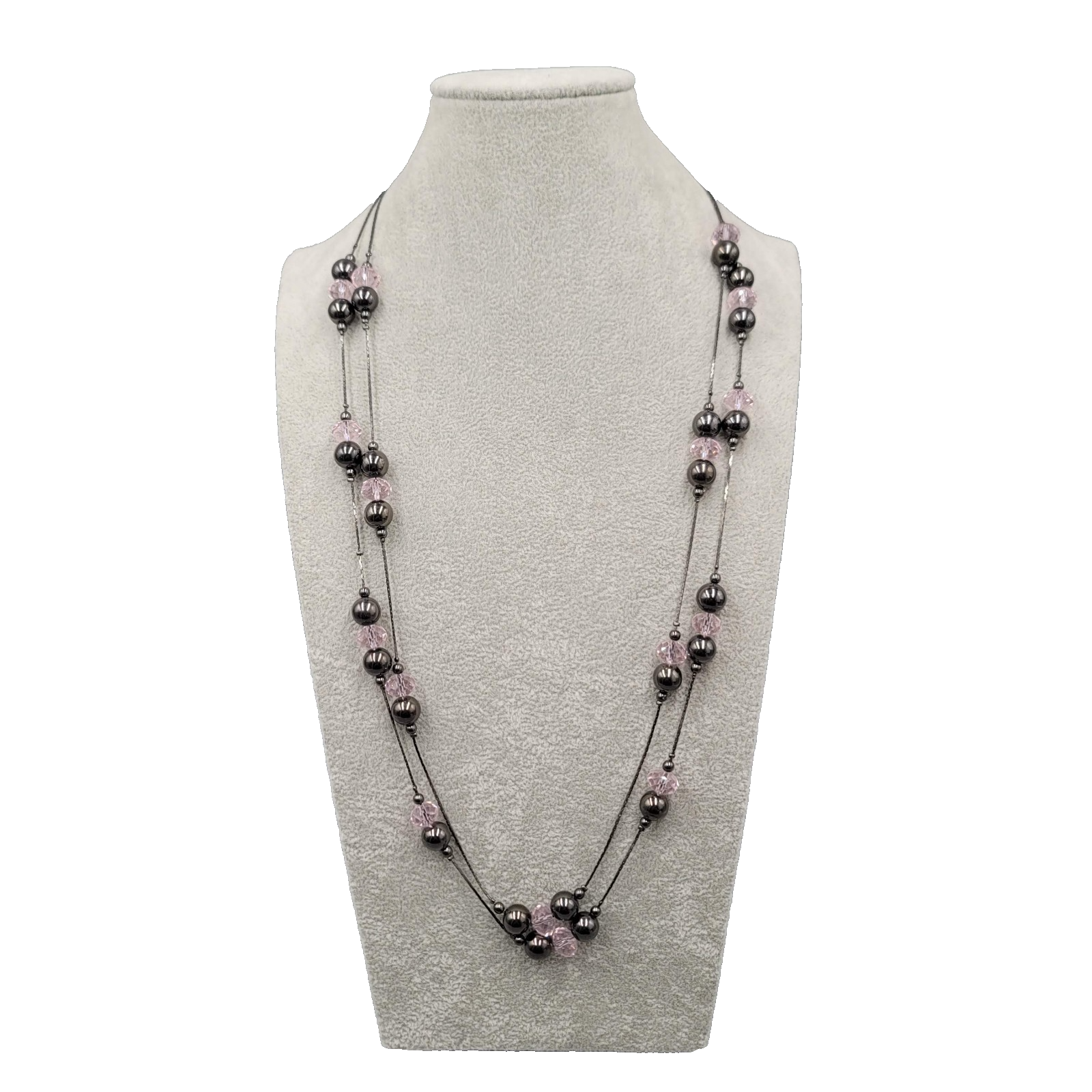 Double Black Chain Necklace Pink Glass Station Bead Long 28-30 in