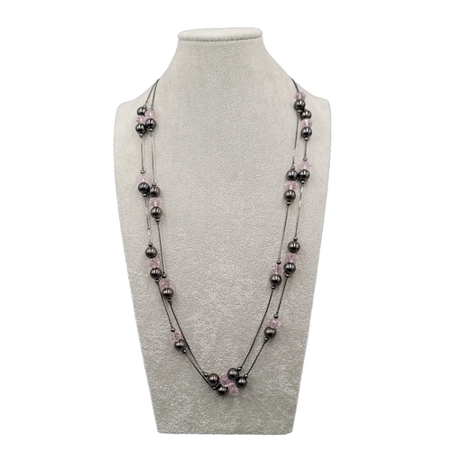 Double Black Chain Necklace Pink Glass Station Bead Long 28-30 in