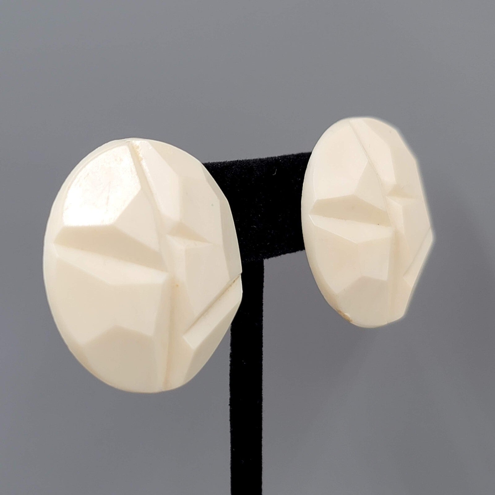 Vintage Germany Clip on Earrings Acrylic White Molded Round 1.25"