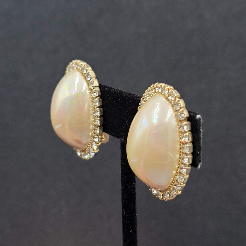 Vintage Clip on Earrings Statement AB Rhinestones Pearl White Cabochon 1 1/8"