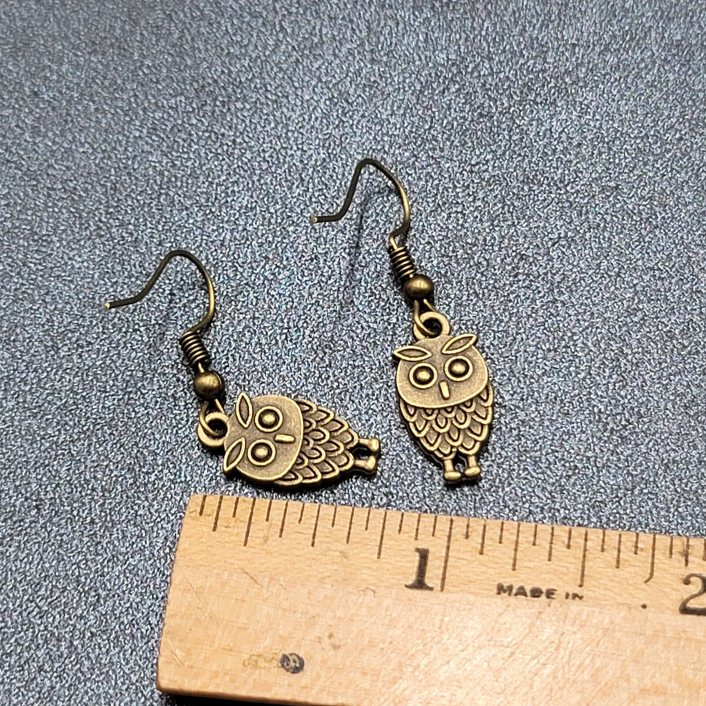 Owl Pierced Earrings Embossed Bronze tone Dangle 3/4"